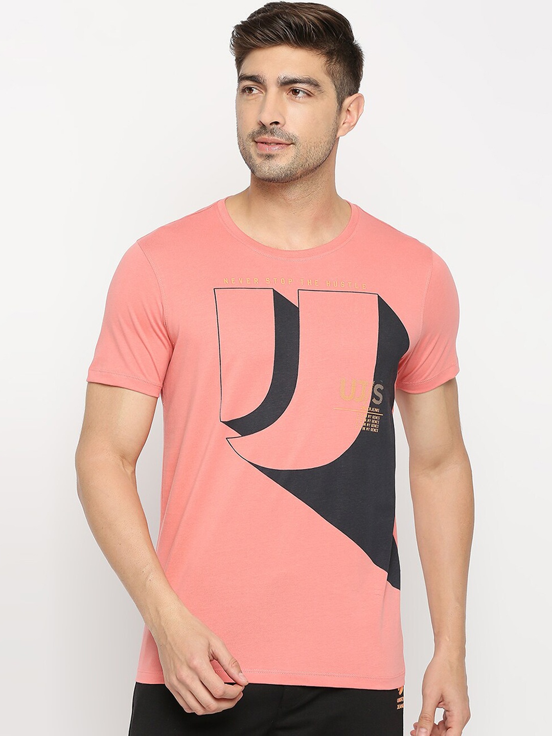 

UnderJeans by Spykar Men Printed Cotton Round Neck Lounge Tshirts, Coral