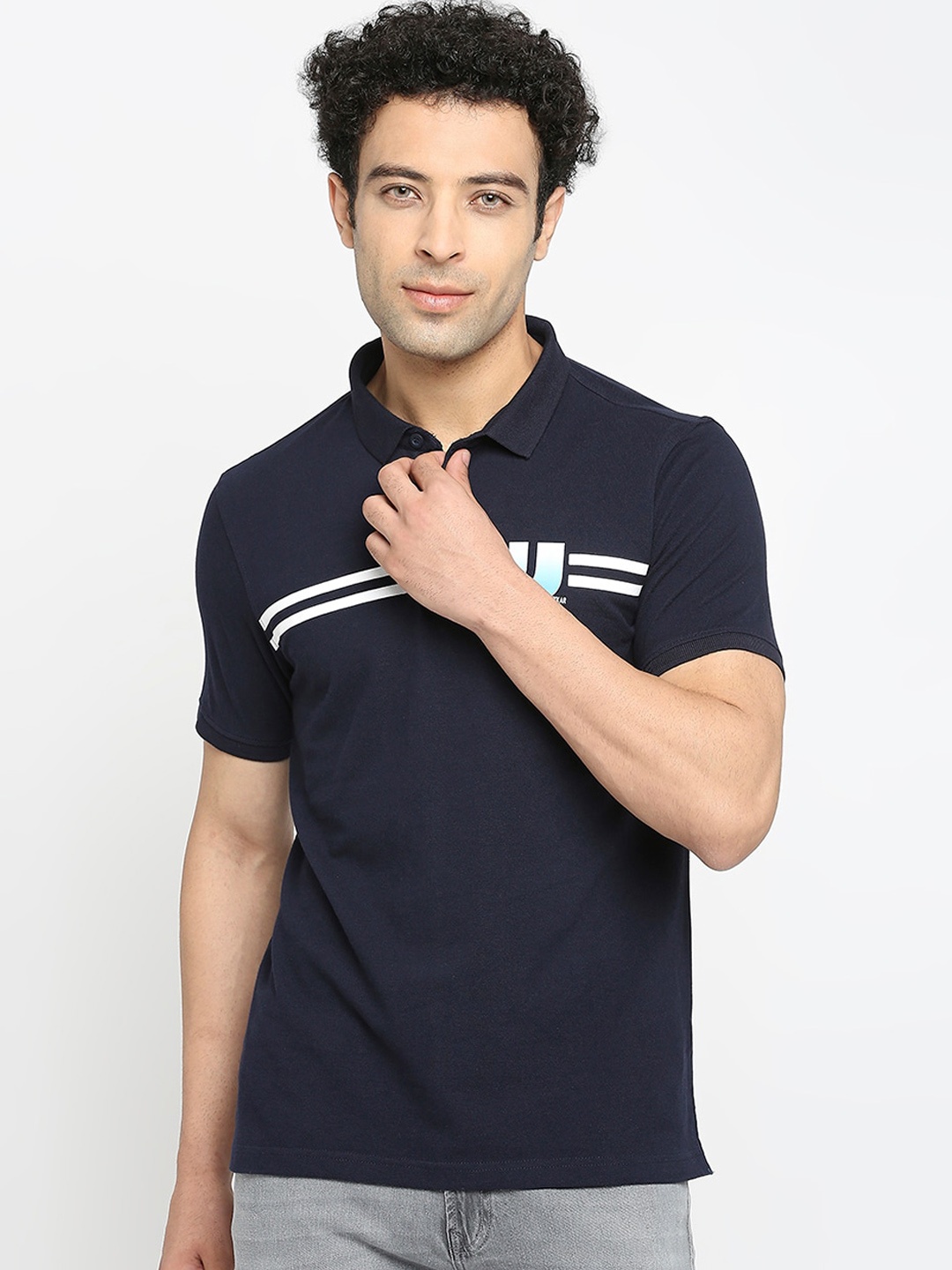 

UnderJeans by Spykar Men Polo Collar Cotton T-shirt, Navy blue