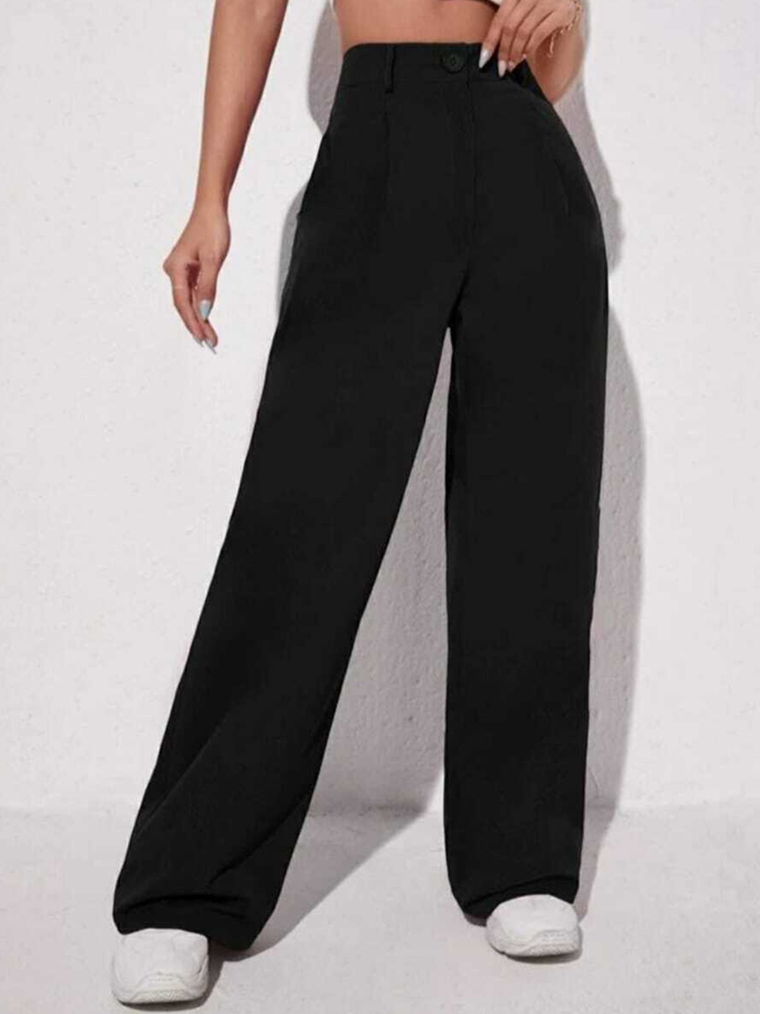 

Next One Women Relaxed Straight Leg Loose Fit High-Rise Easy Wash Pleated Trousers, Black