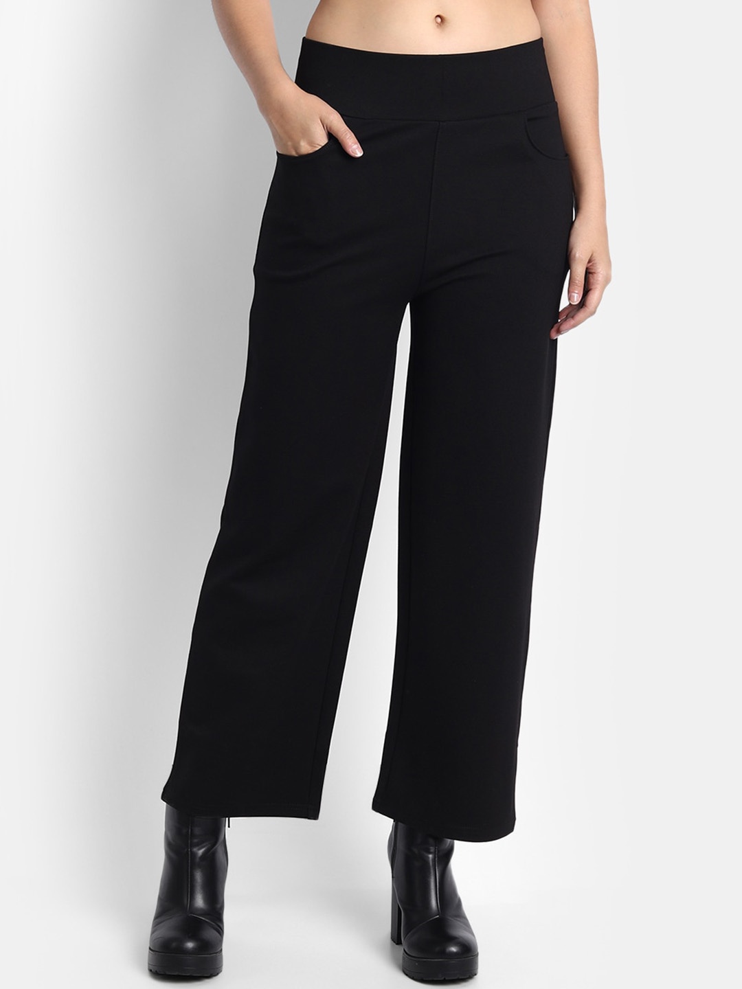 

Next One Women Relaxed Straight Leg Loose Fit High-Rise Easy Wash Parallel Trousers, Black