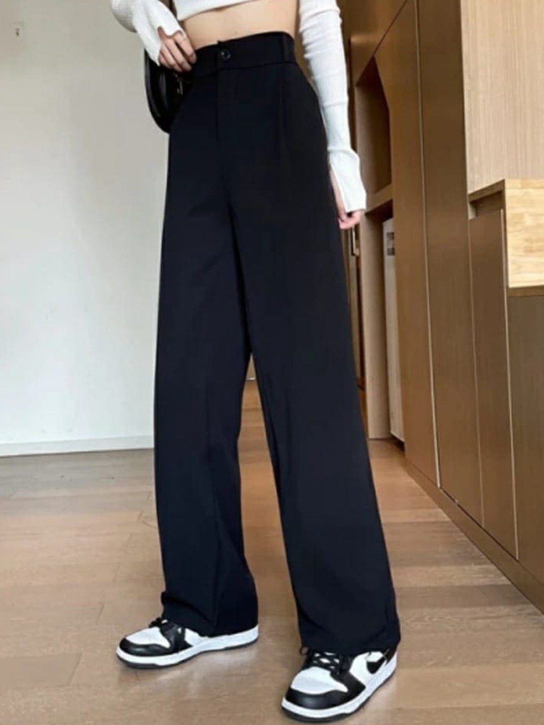 

Next One Women Straight Leg Loose Fit High-Rise Trousers, Black