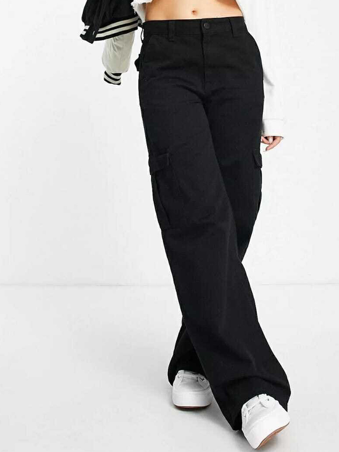

Next One Women Relaxed Straight Leg Loose Fit High-Rise Easy Wash Cargos Trousers, Black