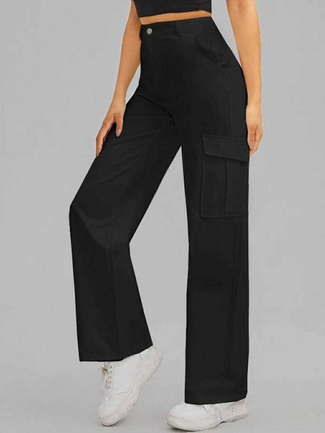 

Next One Women Relaxed Straight Leg Loose Fit High-Rise Easy Wash Cargos Trousers, Black