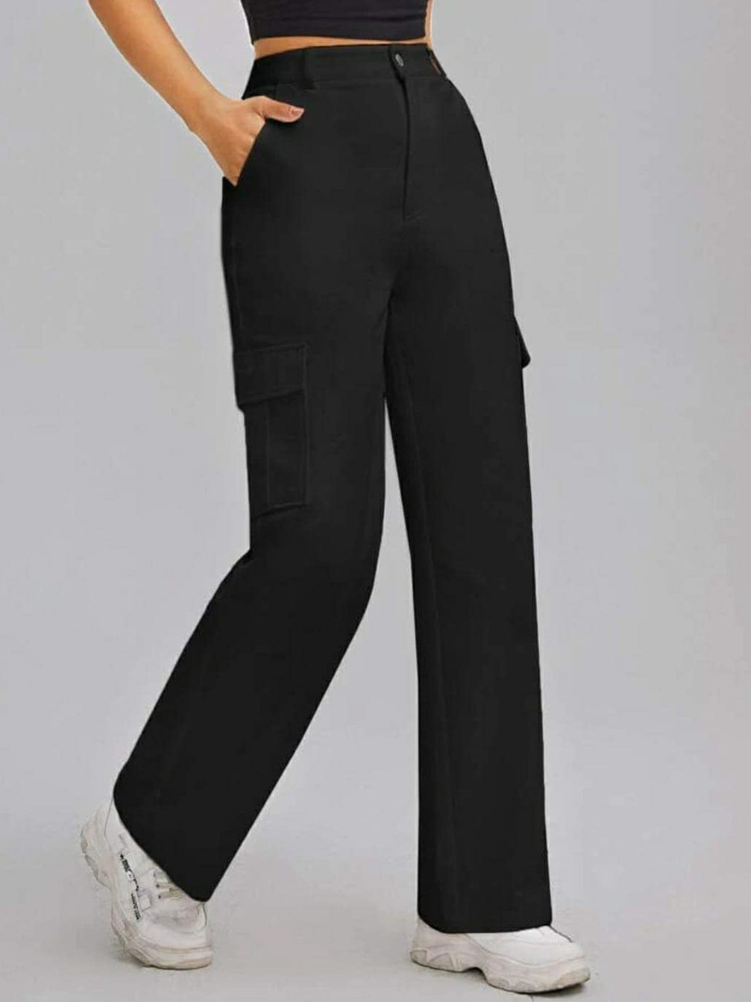 

Next One Women Relaxed Straight Leg Loose Fit High-Rise Easy Wash Cargo Trousers, Black