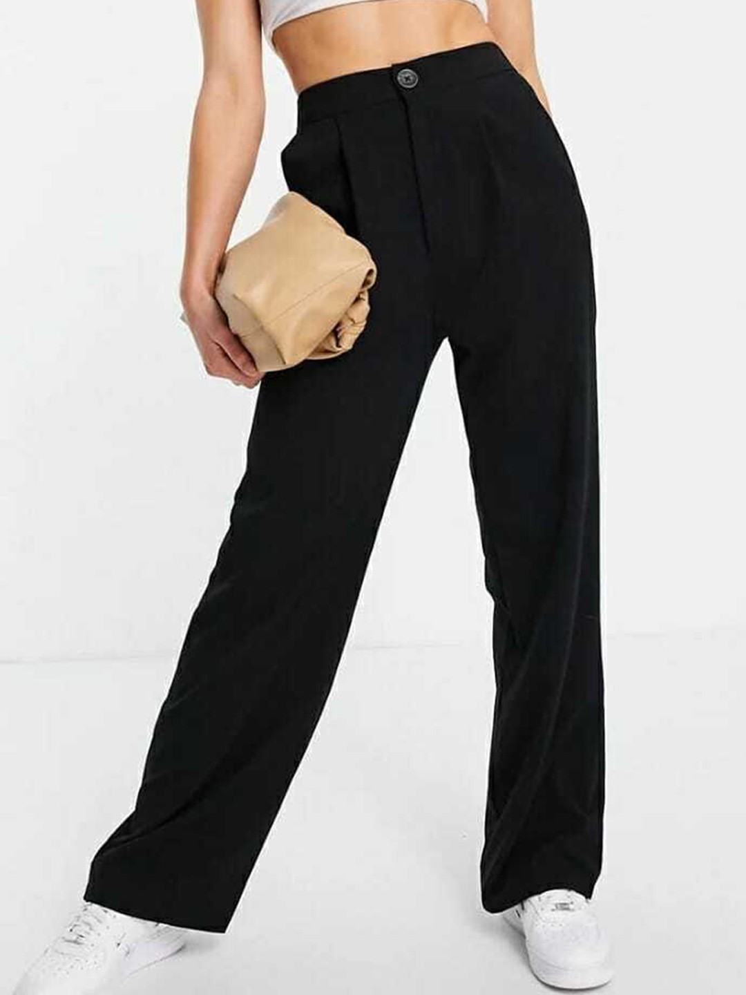 

Next One Women Relaxed Straight Leg Loose Fit High-Rise Easy Wash Pleated Trousers, Black