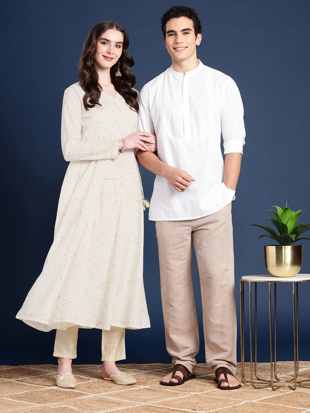 

Taavi Women Floral Foil Print V-Neck Gotta Patti Rangotsav Pure Cotton Anarkali Kurta, White