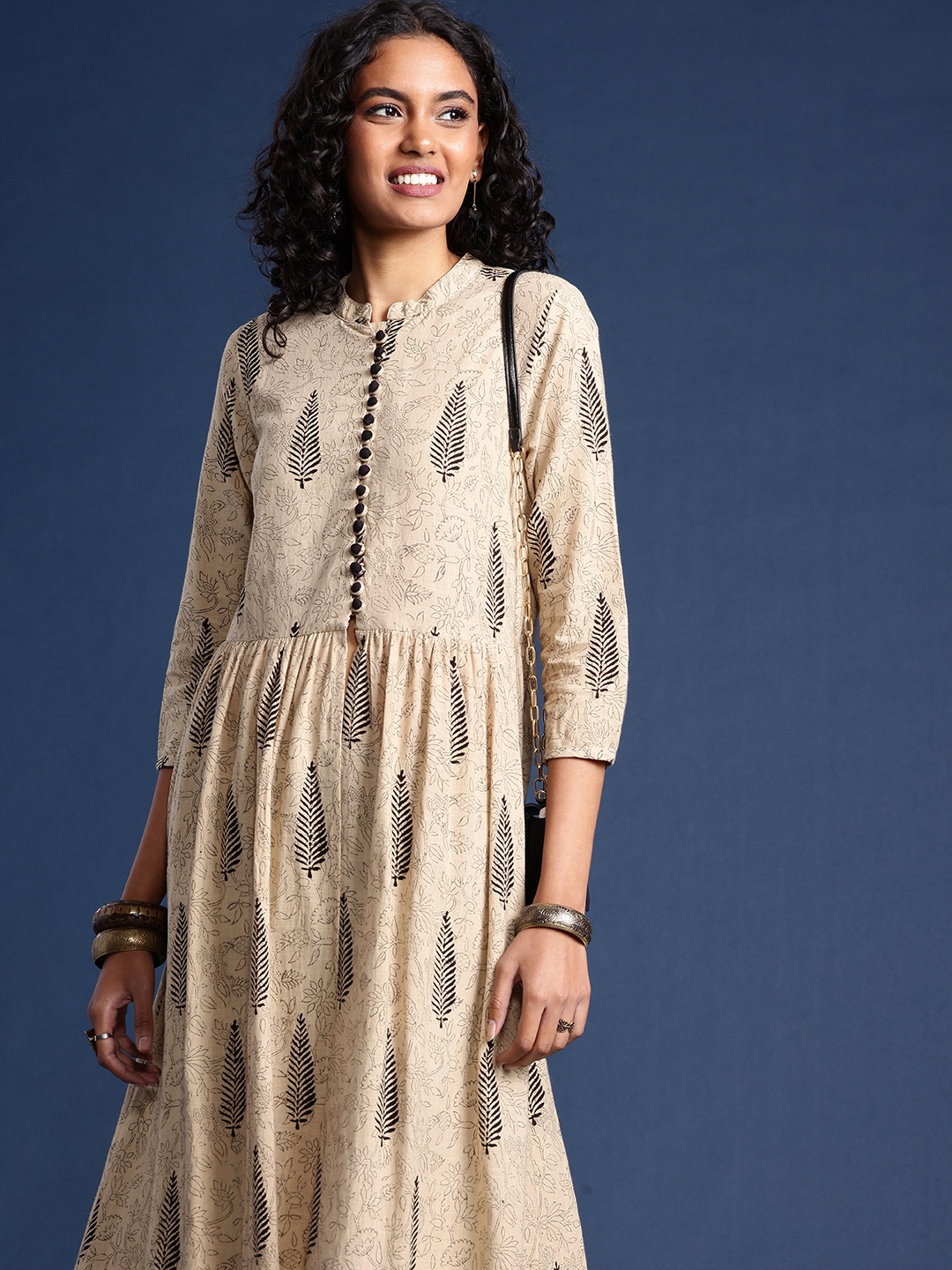 

Taavi Pure Cotton Printed Bagru Maxi Ethnic Dresses, Beige
