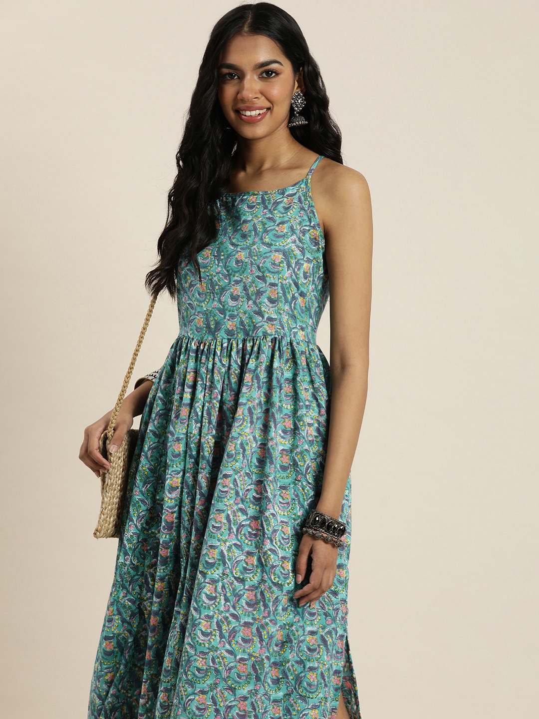 

Taavi Sanganeri Pure Cotton Floral Print Shoulder Straps A-Line Dress with Pockets, Blue