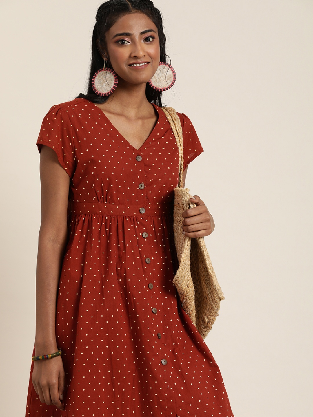 

Taavi Pure Cotton A-Line Bagru Fossil Ethnic Dress, Maroon