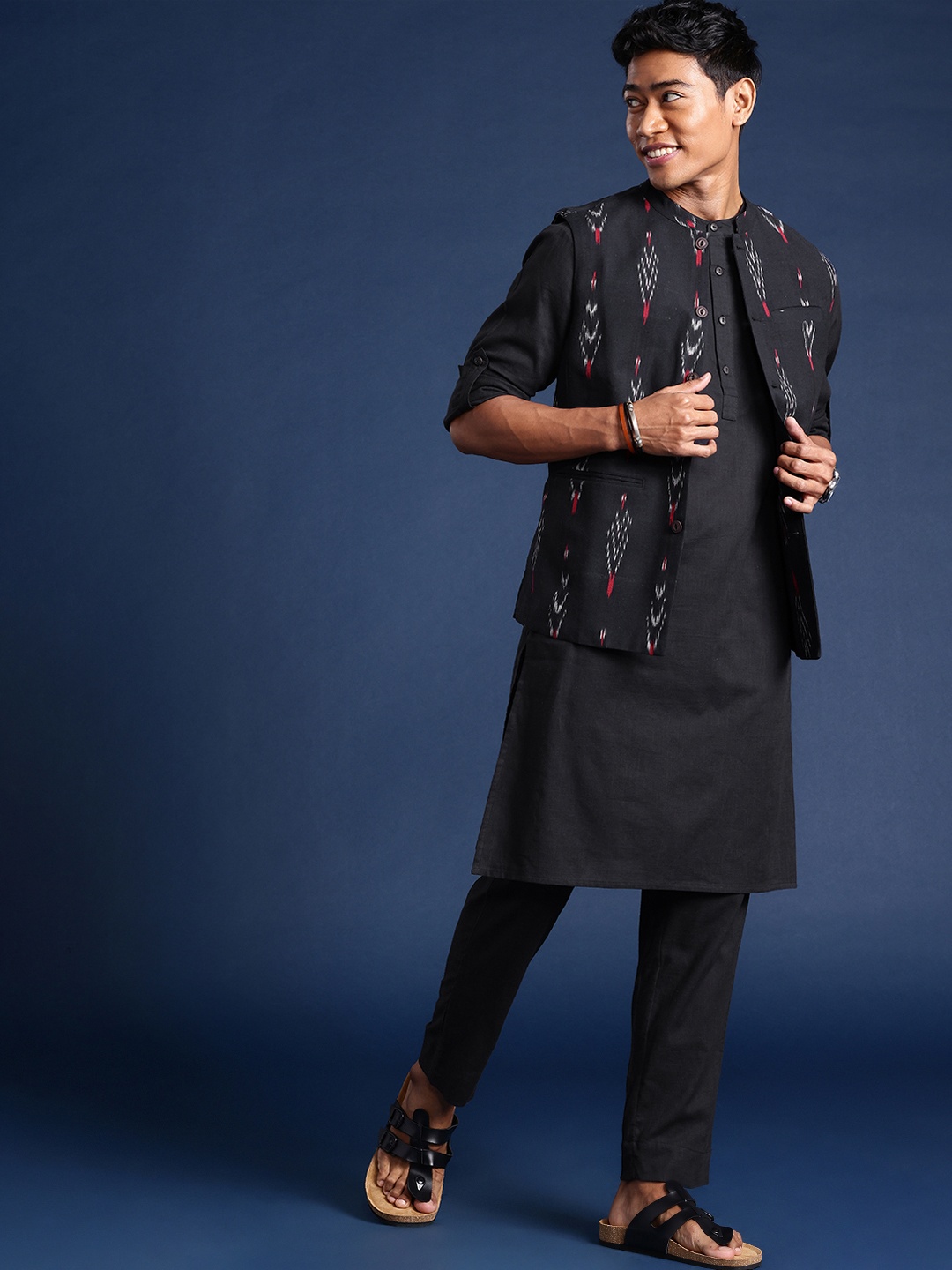 

Taavi Ikat Pure Cotton Regular Kurta With Trousers And Nehru jacket, Black
