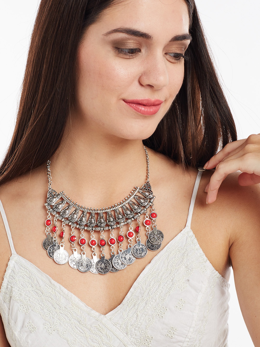 

PANASH Oxidised Silver-Plated & Red Stone-Studded Statement Necklace