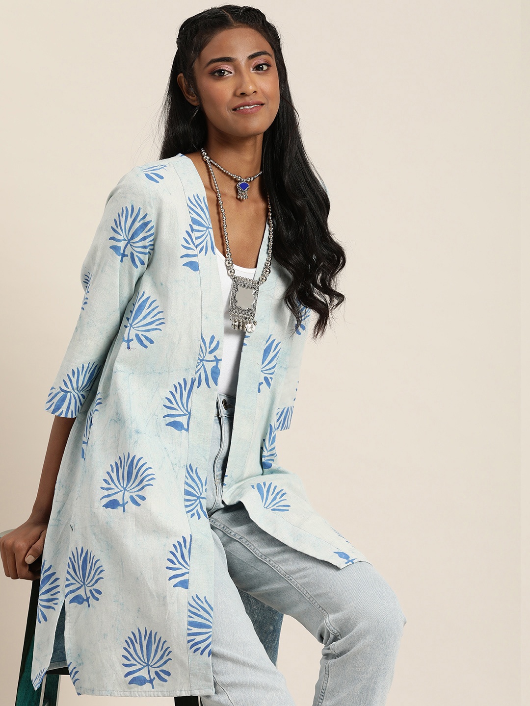 

Taavi Indigo Hand Block Print Longline Cotton Linen Open Front Shrug, Blue