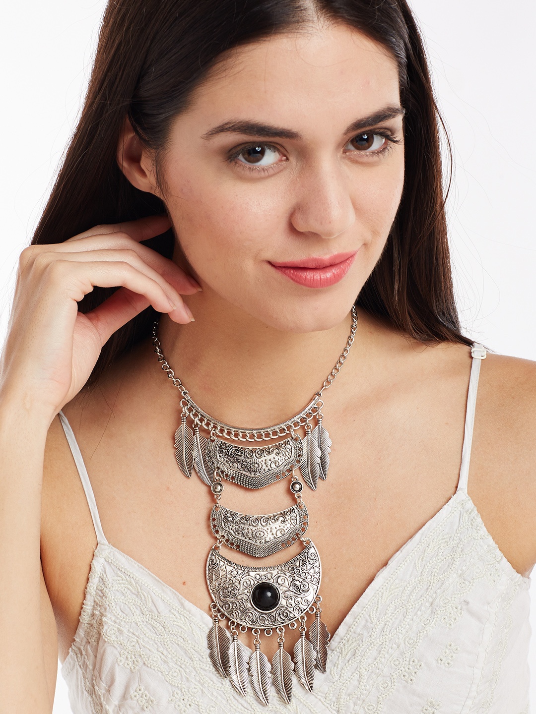 

PANASH Silver-Toned & Black Stone-Studded Statement Necklace