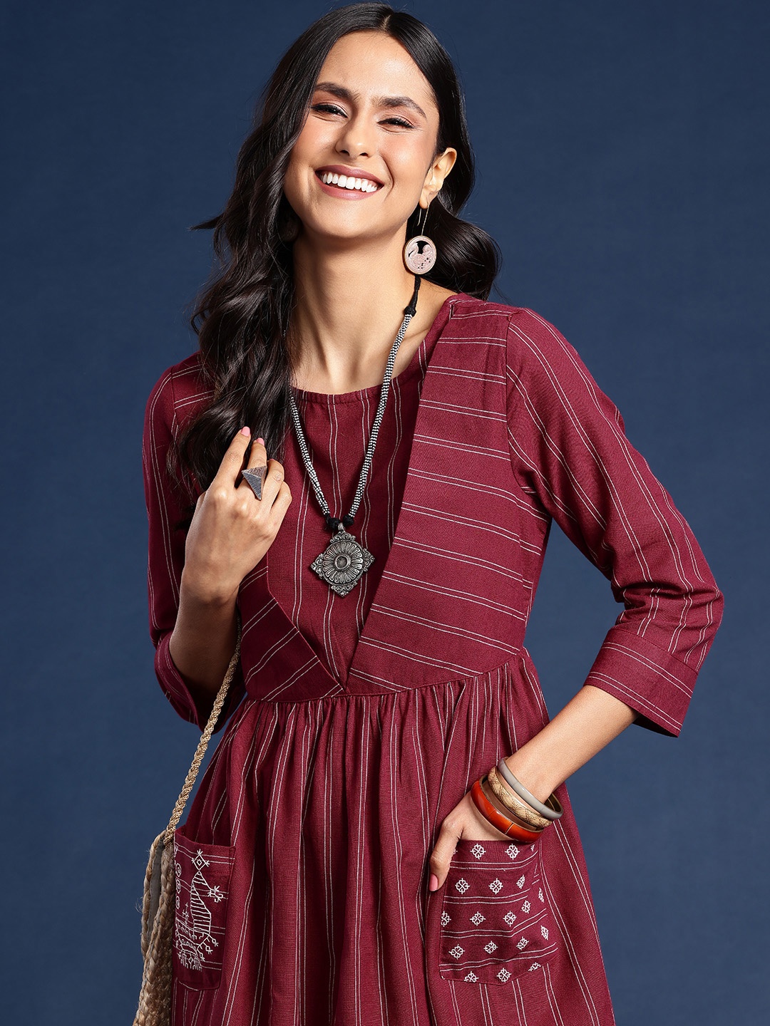 

Taavi Woven Design Striped Cotton Linen Kasuti Tribe Ethnic Dress, Maroon