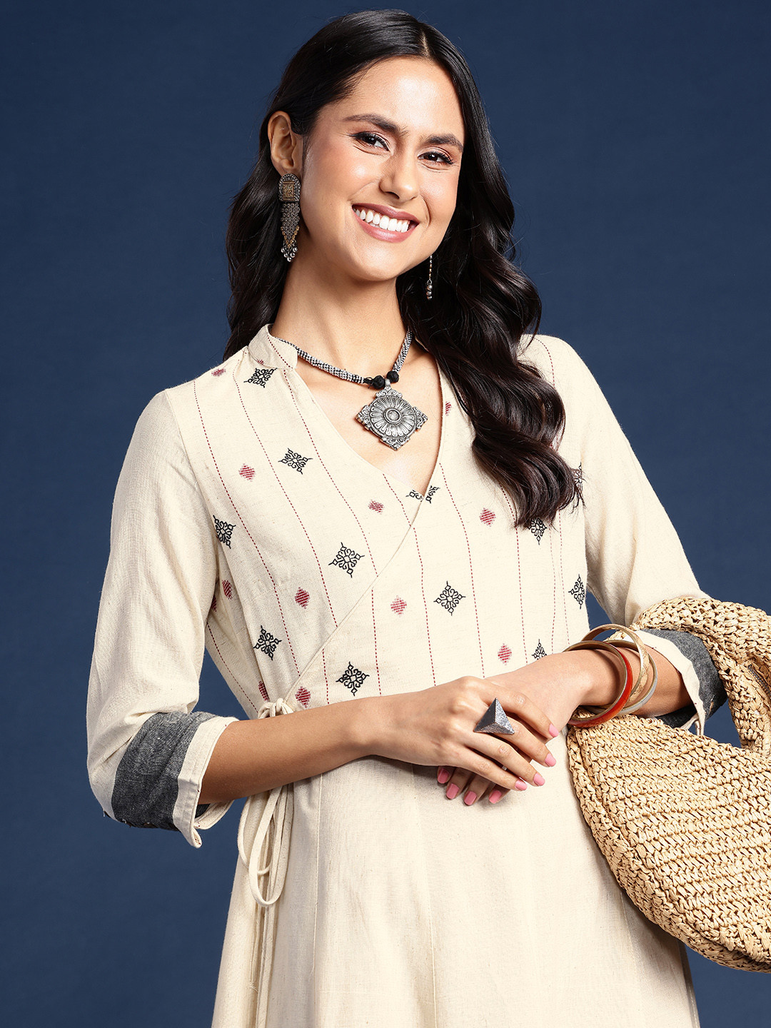 

Taavi Woven Design Striped Cotton Linen Kasuti Tribe Ethnic Dress, Beige