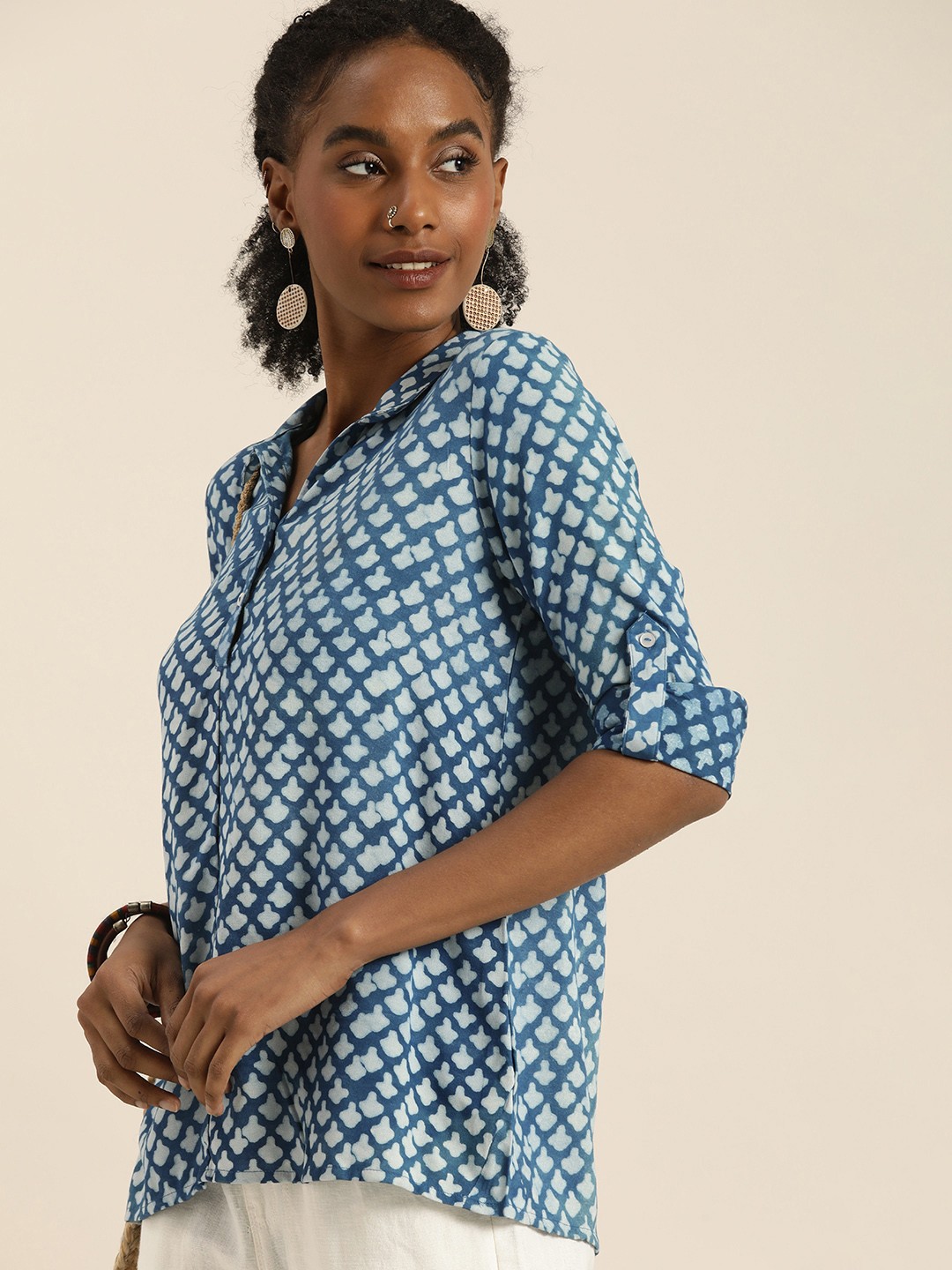 

Taavi Indigo Hand Block Printed Half-Placket Casual Shirt, Blue