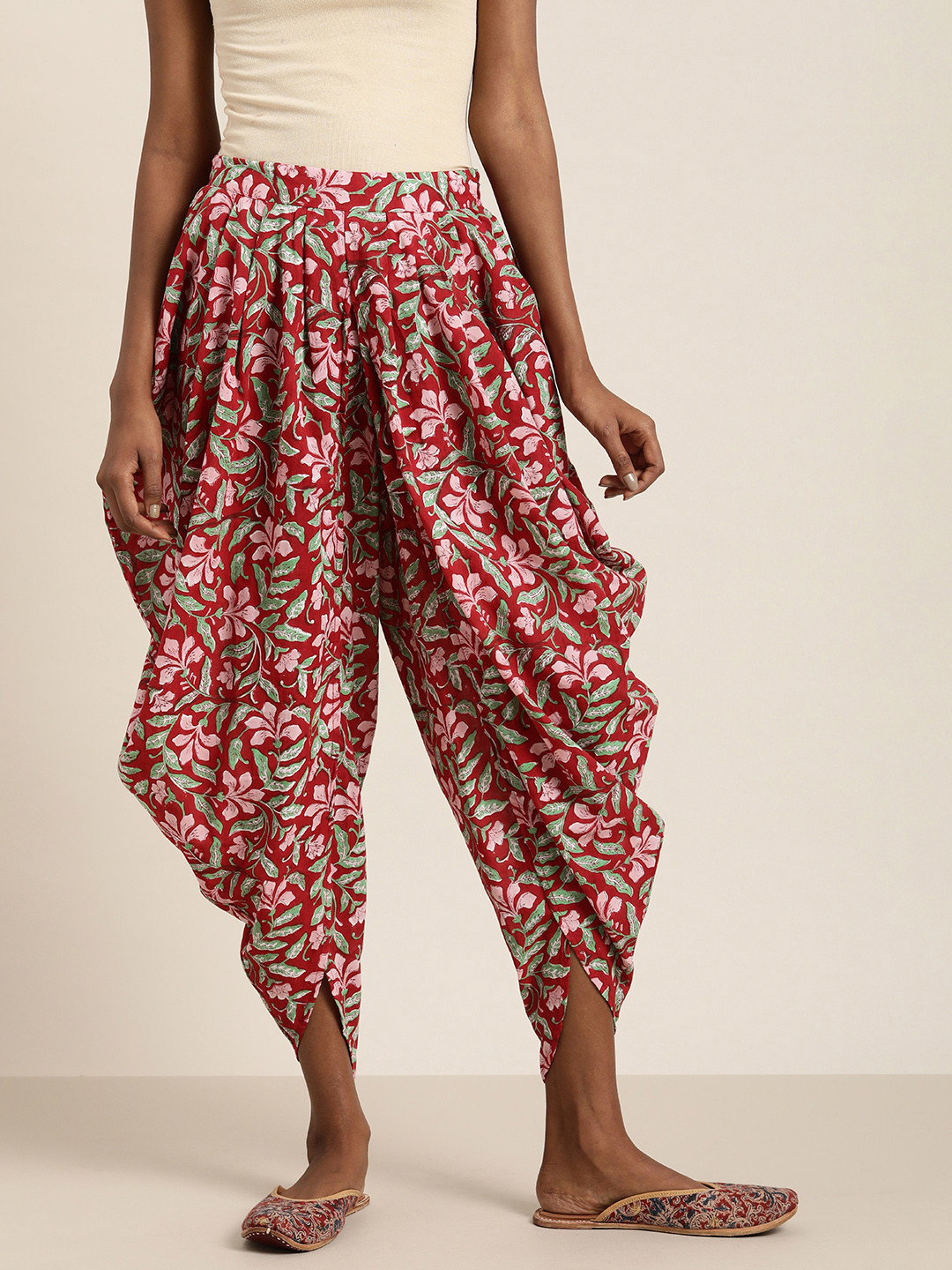 

Taavi Women Block Print Legacy Floral Pleated Pure Cotton Dhoti Pants, Red