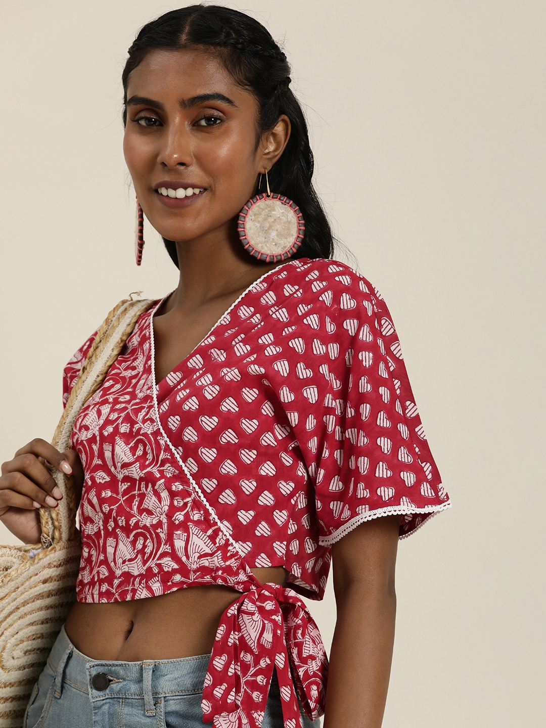 

Taavi Block Print Legacy Ethnic Motif Printed Wrap Crop Top, Red