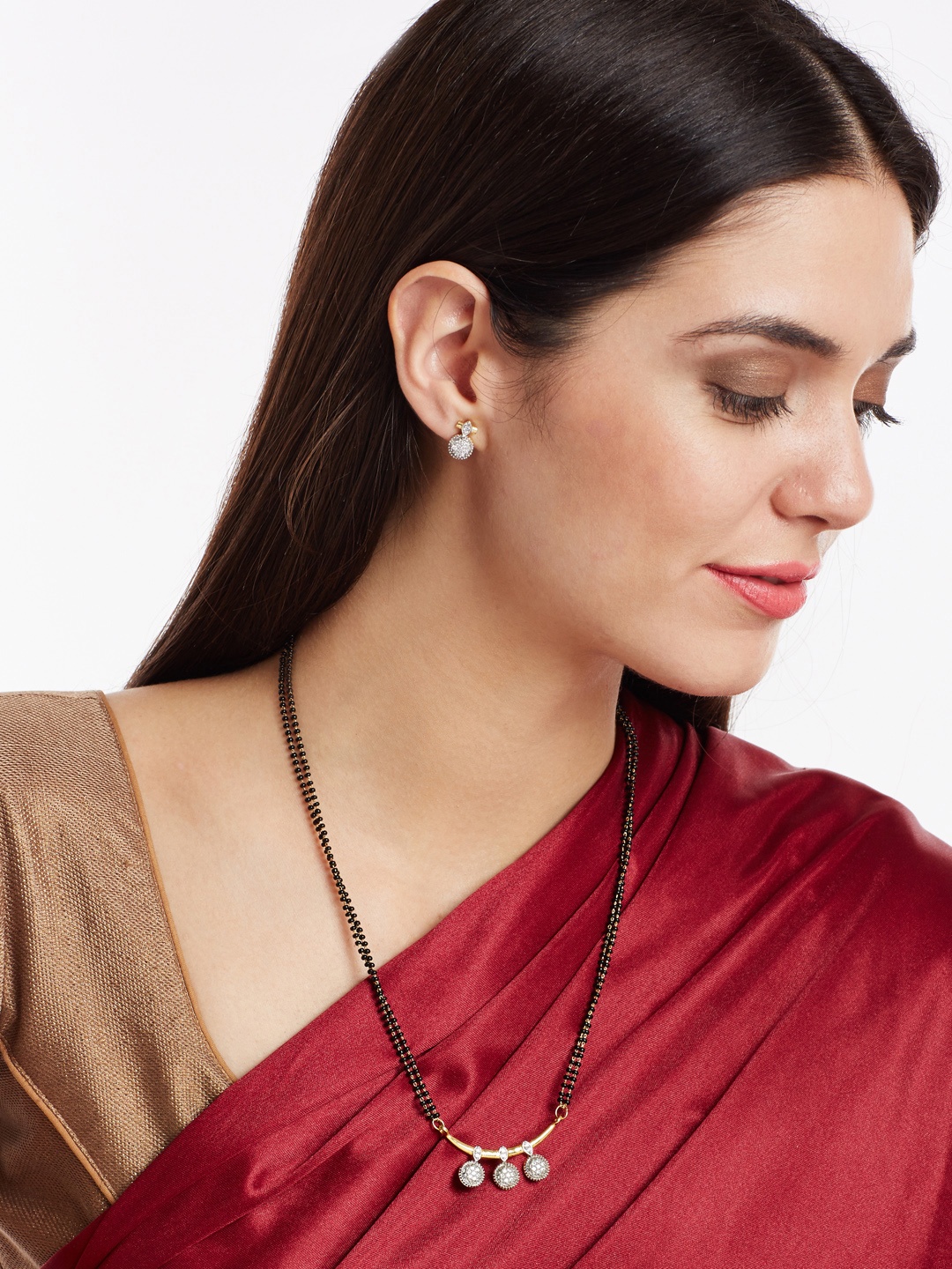 

PANASH Gold-Toned & White Stone-Studded Mangalsutra & Earrings Set