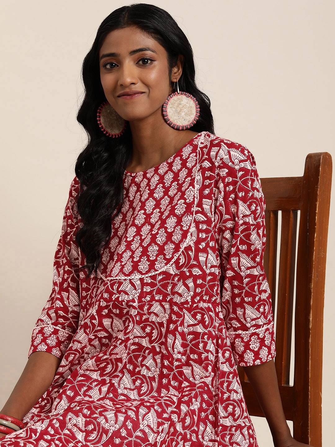 

Taavi Block Print Legacy Floral Printed Pure Cotton Kurta, Red