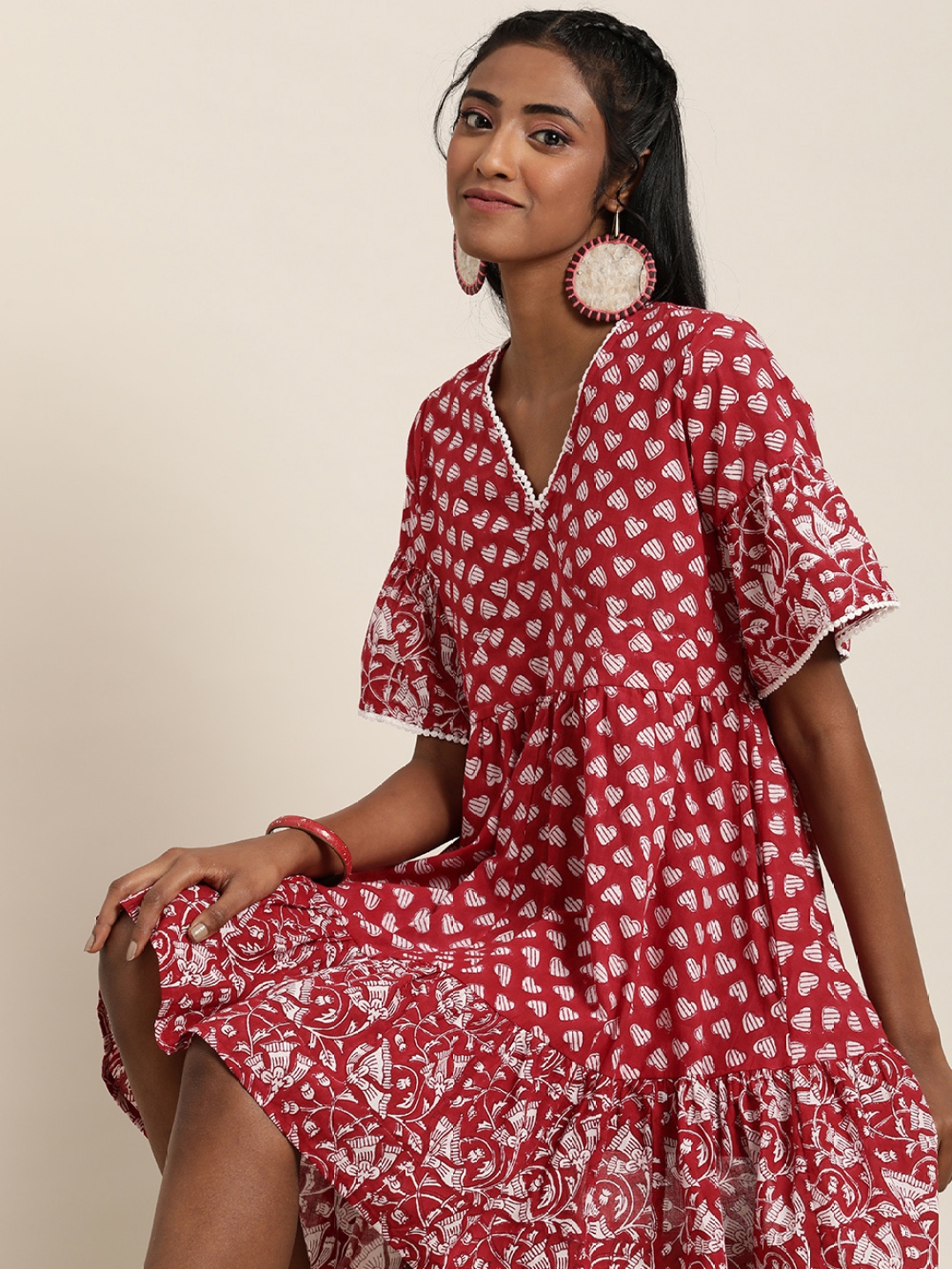 

Taavi Pure Cotton Block Print A-Line Legacy Ethnic Dress, Red