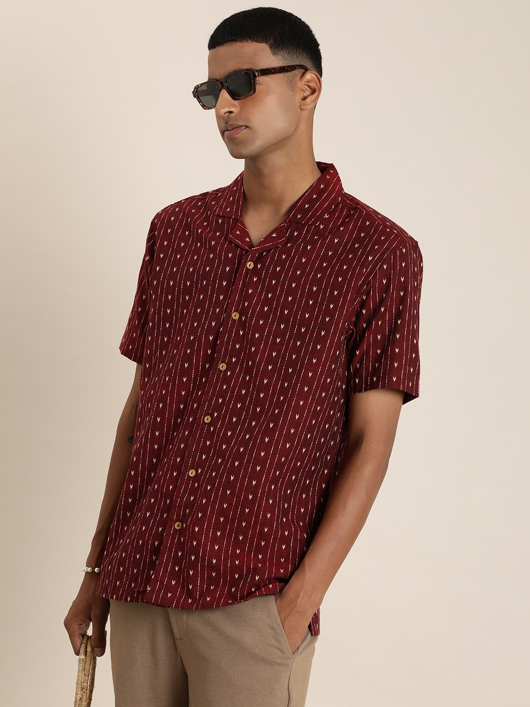 

Taavi Ethnic Motifs Woven Legacy Print Pure Cotton Casual Shirt, Maroon