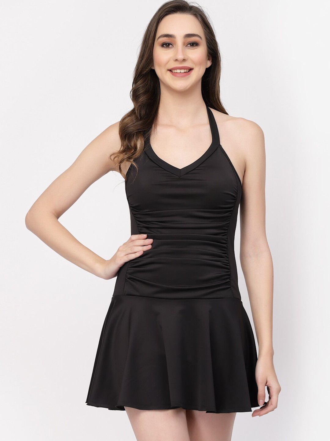 

CUKOO Women Padded Halter Neck Swimming Dress, Black