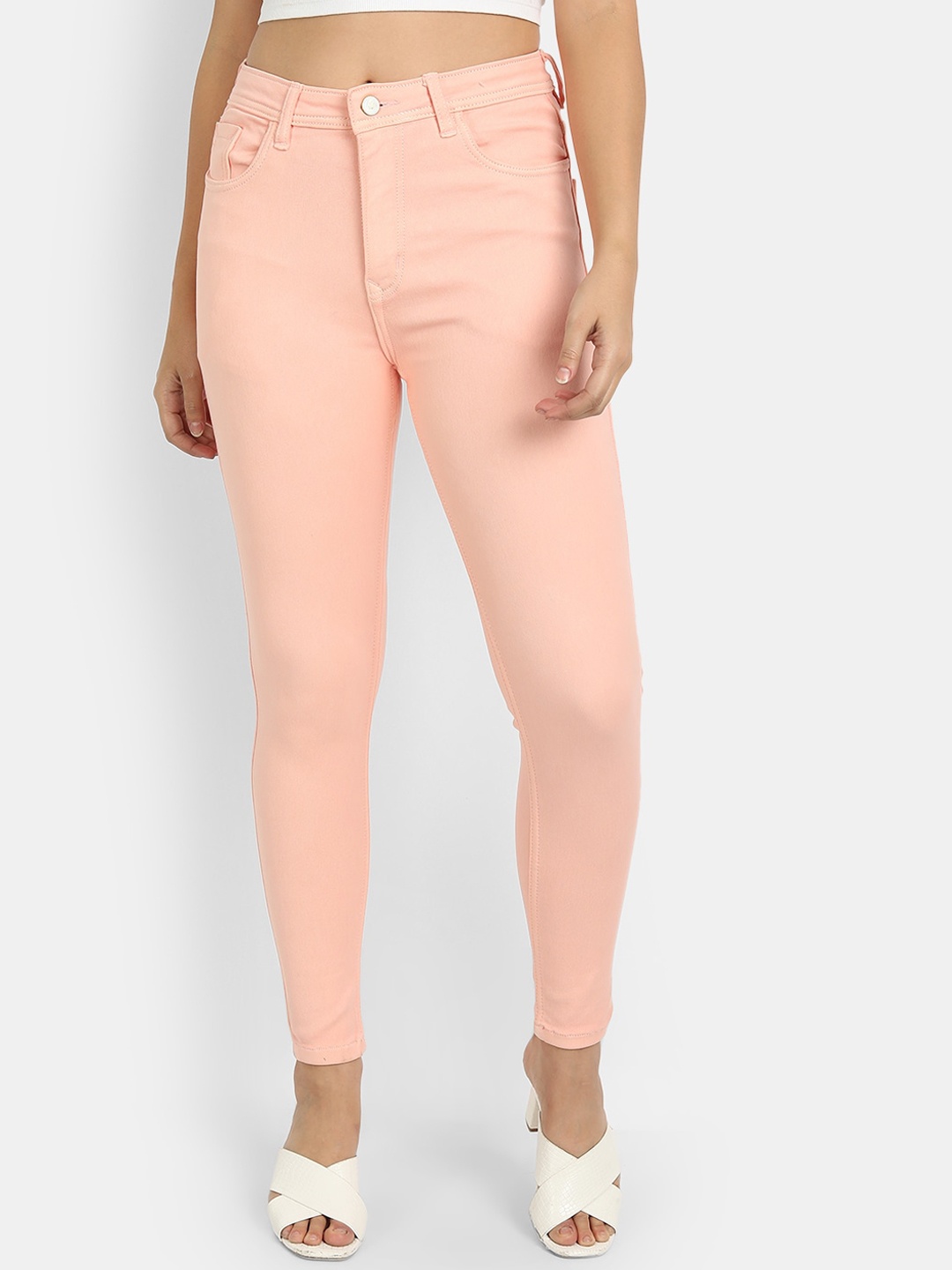 

BROADSTAR Women Skinny Fit High-Rise Stretchable Cotton Jeans, Peach