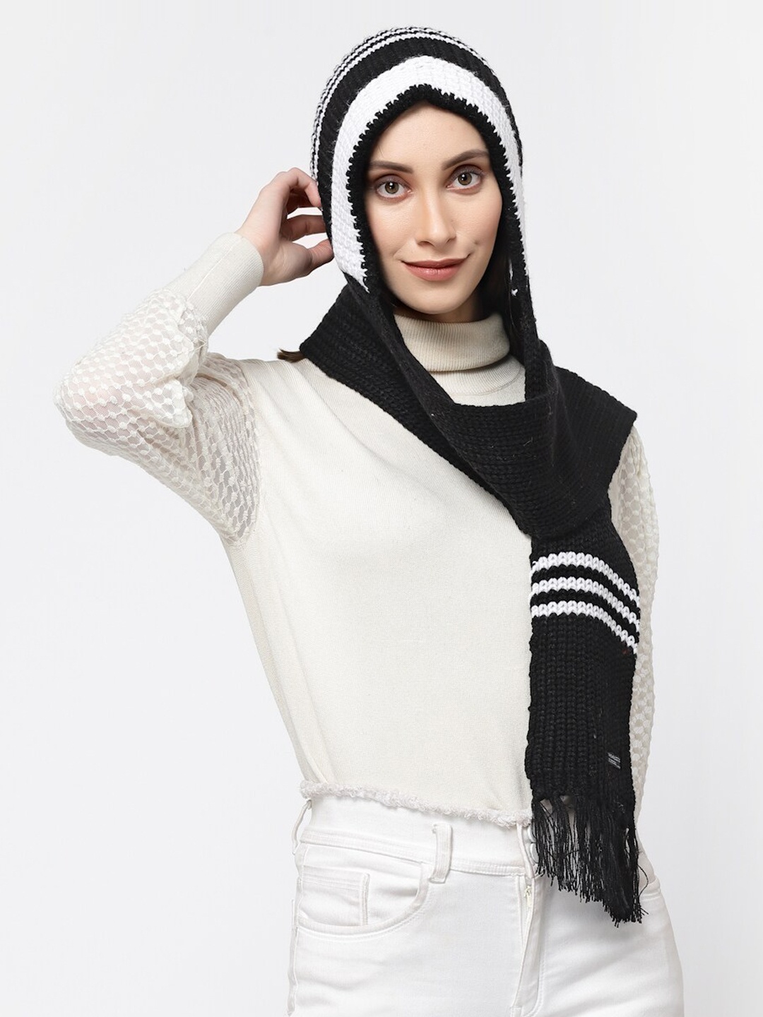 

513 Women Soft Knitted Woolen Muffler With Attached Cap, Black