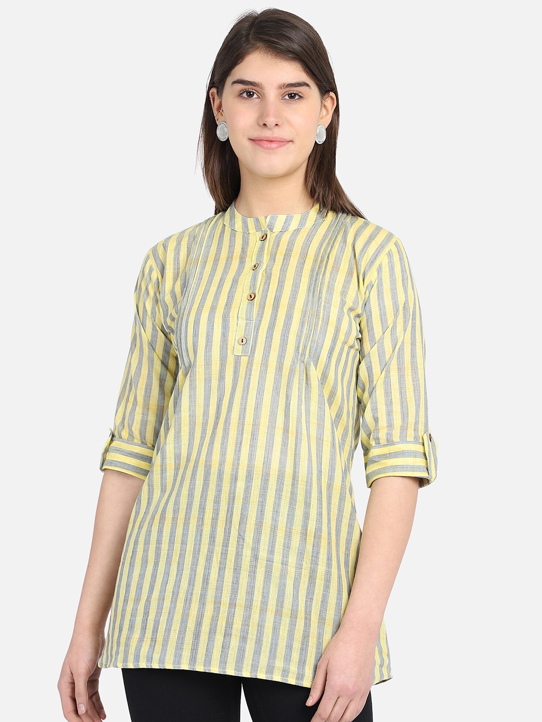 

SAHORA Mandarin Collar Striped Pure Cotton Tunic, Yellow
