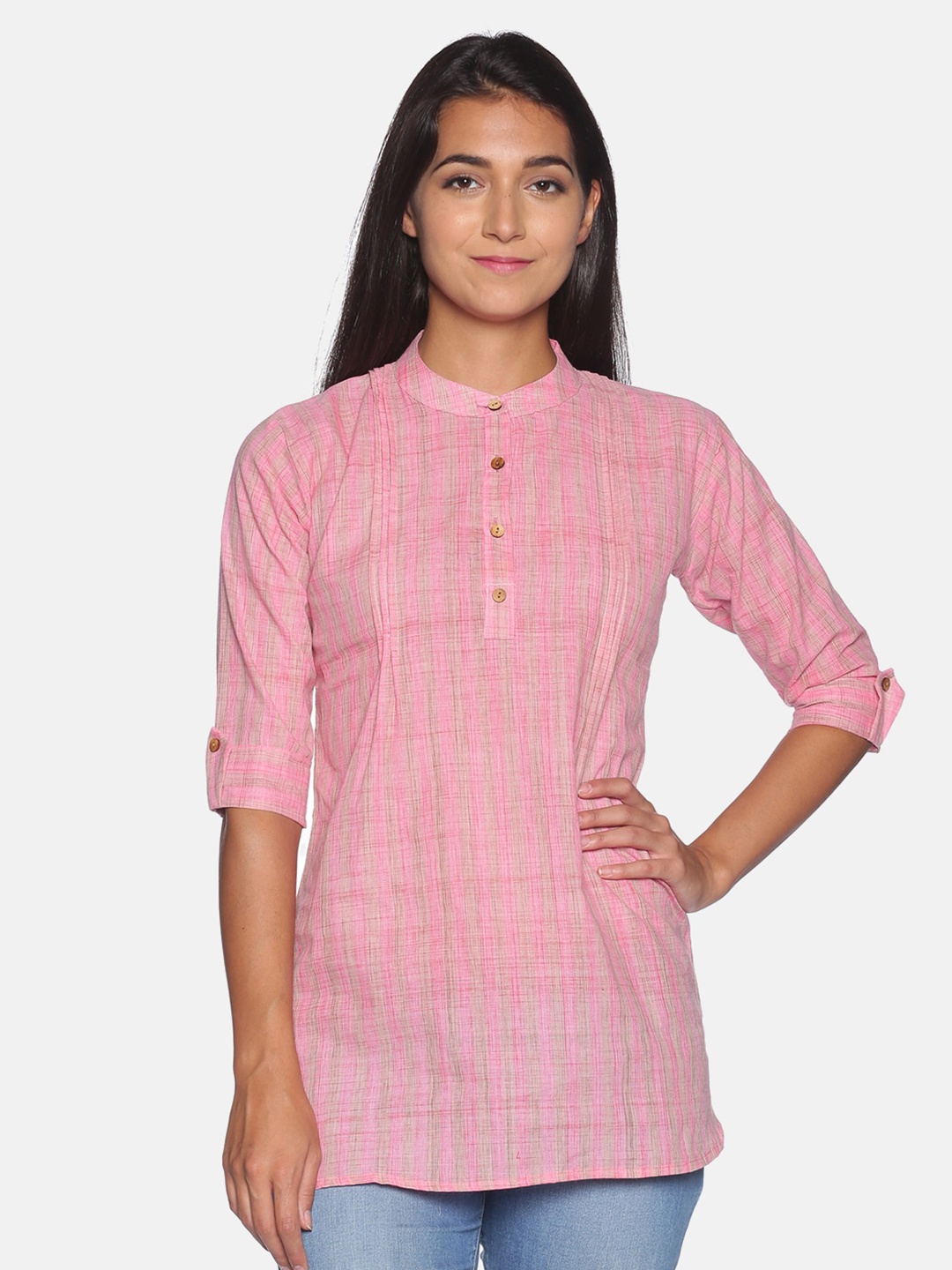 

SAHORA Mandarin Collar Roll-Up Sleeves Shirt Style Top, Pink