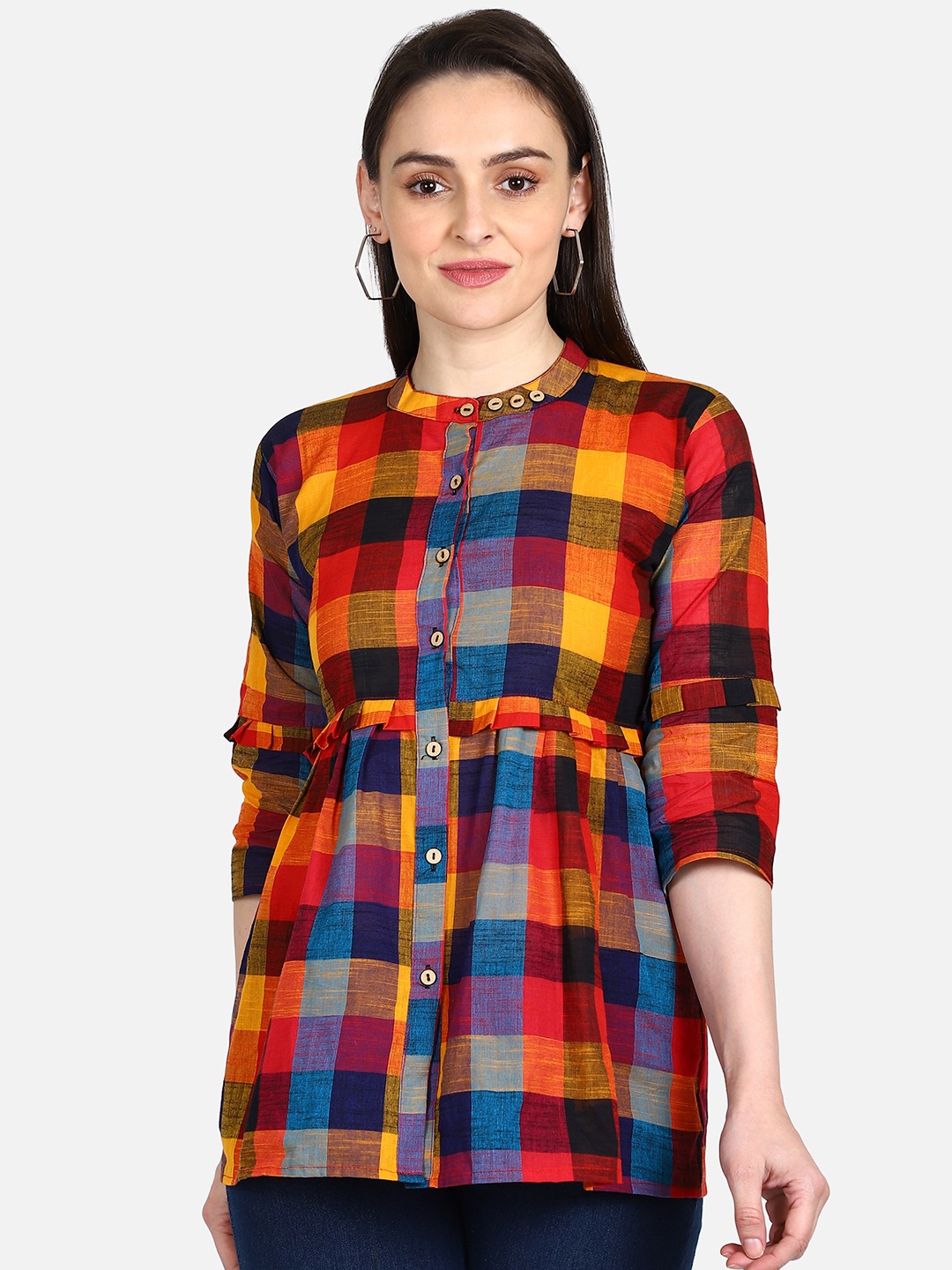 

SAHORA Mandarin Collar Checked Pure Cotton Tunic, Yellow