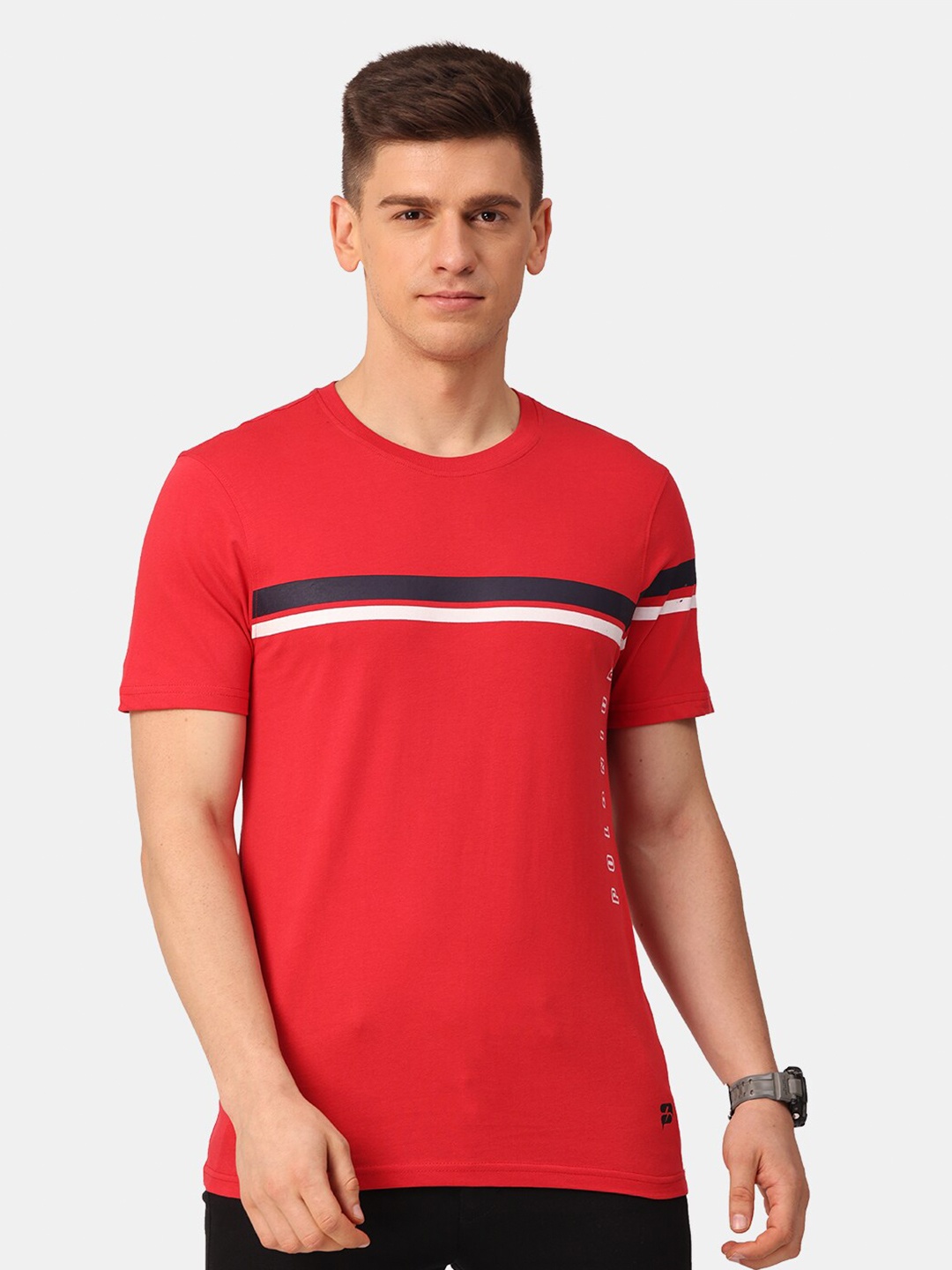 

POLONIUM Men Striped Cotton T-shirt, Red