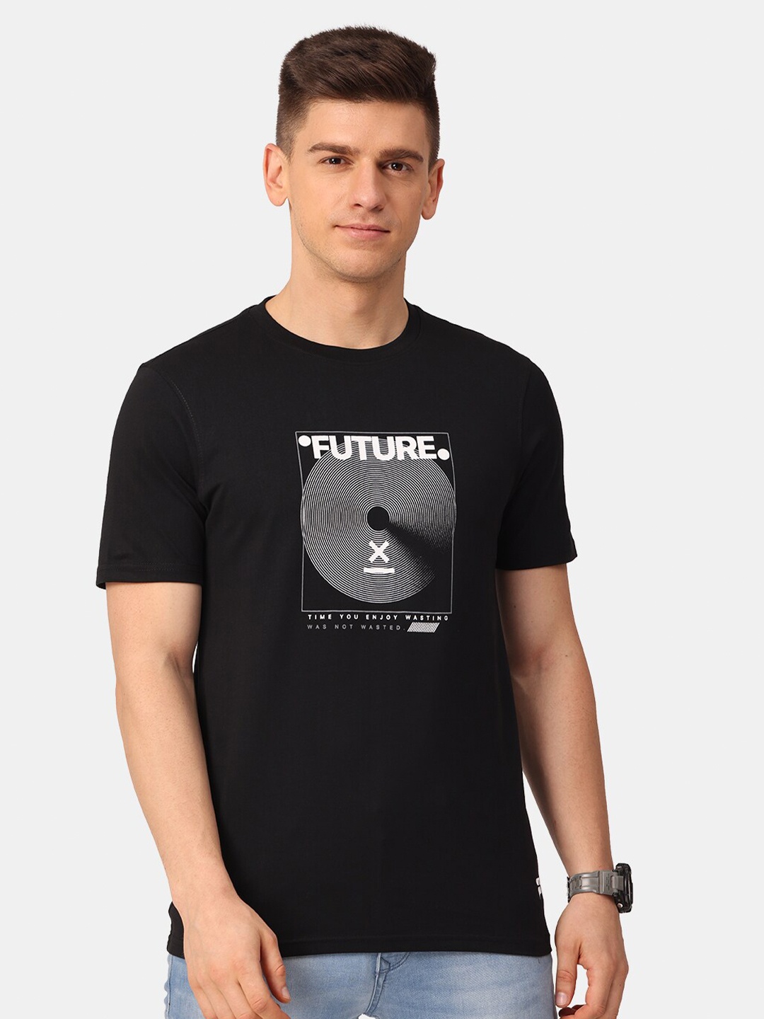 

POLONIUM Men Graphic Printed Cotton T-shirt, Black