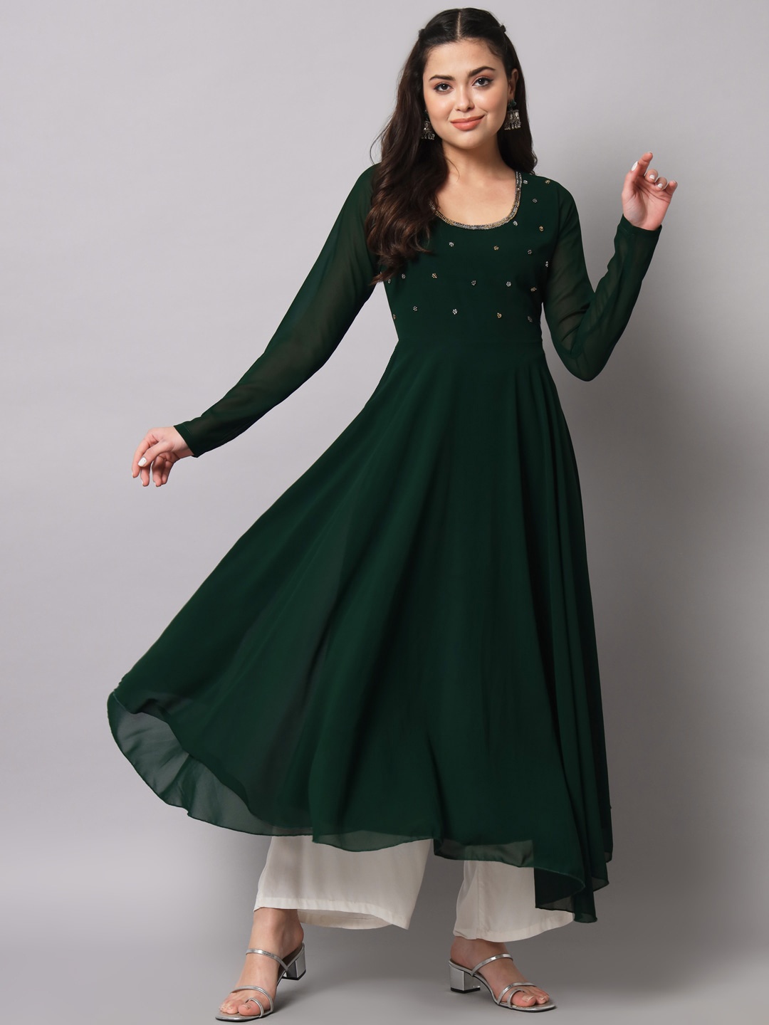 Poshak Hub Women Indie Prints Georgette Anarkali Kurta, Green