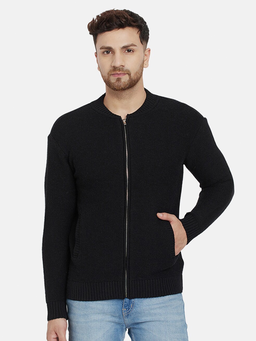 

CHKOKKO Men Black Mandarin Collar Long Sleeves Front Open Sweater