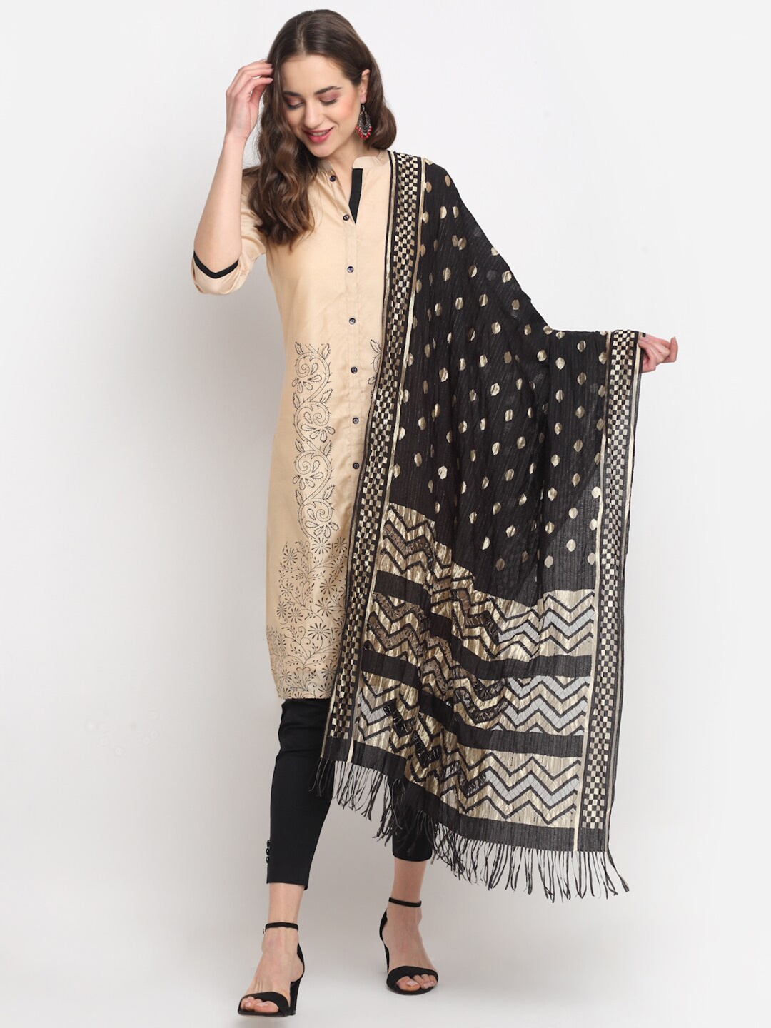 

GLAM STORY Geometric Printed Dupatta, Black