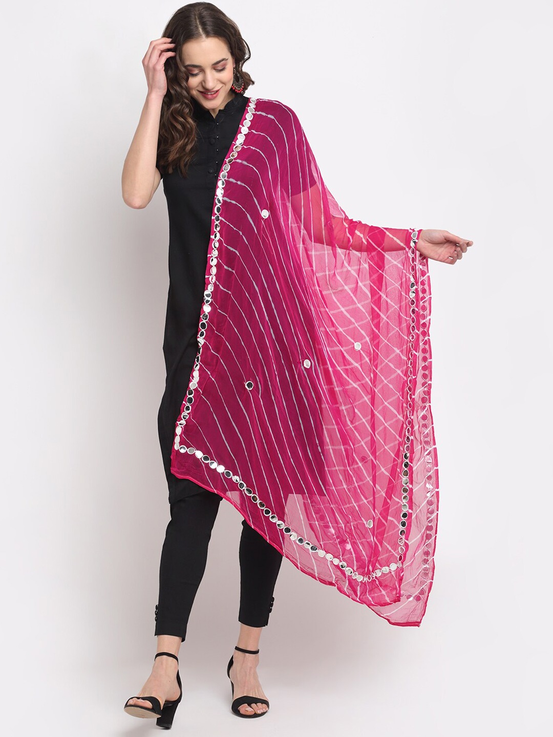 

GLAM STORY Leheriya Striped Dupatta, Pink