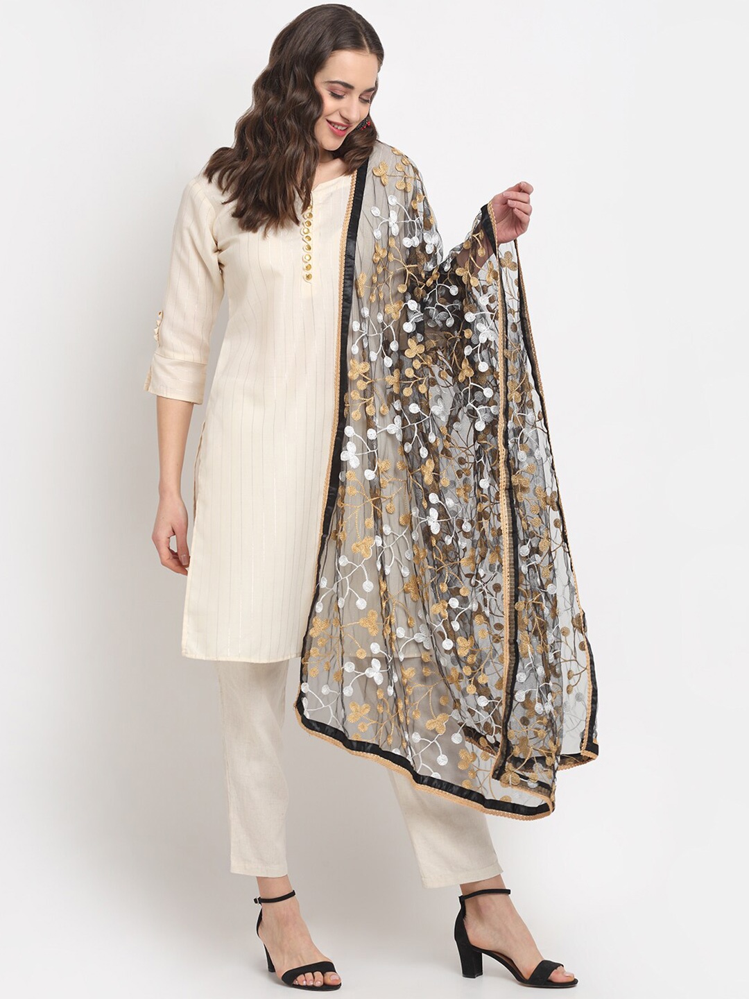 

GLAM STORY Floral Embroidered With Taping border Dupatta, Black