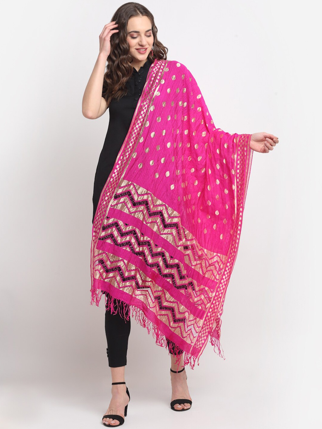 

GLAM STORY Geometric Woven Design With Tasselled Border Dupatta, Pink