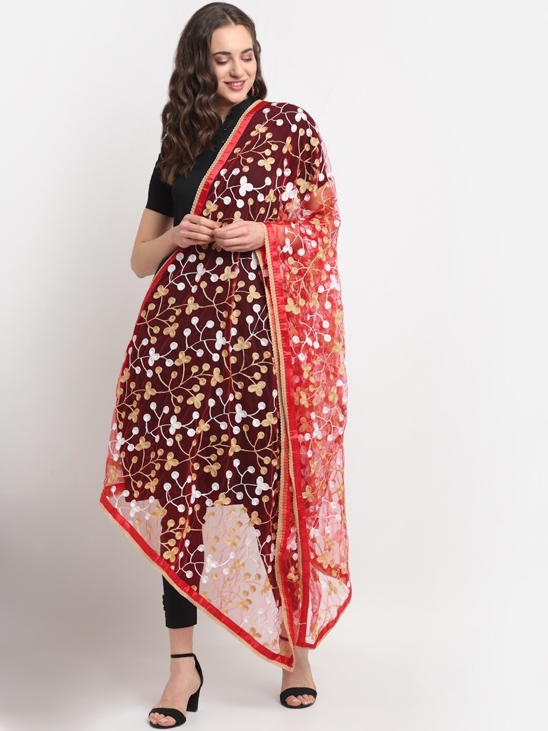 

GLAM STORY Floral Embroidered With Taping Border Dupatta, Red