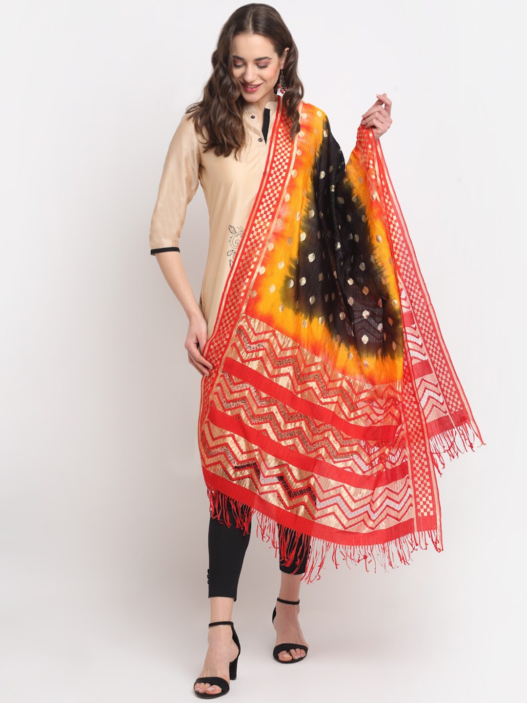 

GLAM STORY Geometric Woven Design Art Silk Dupatta, Red