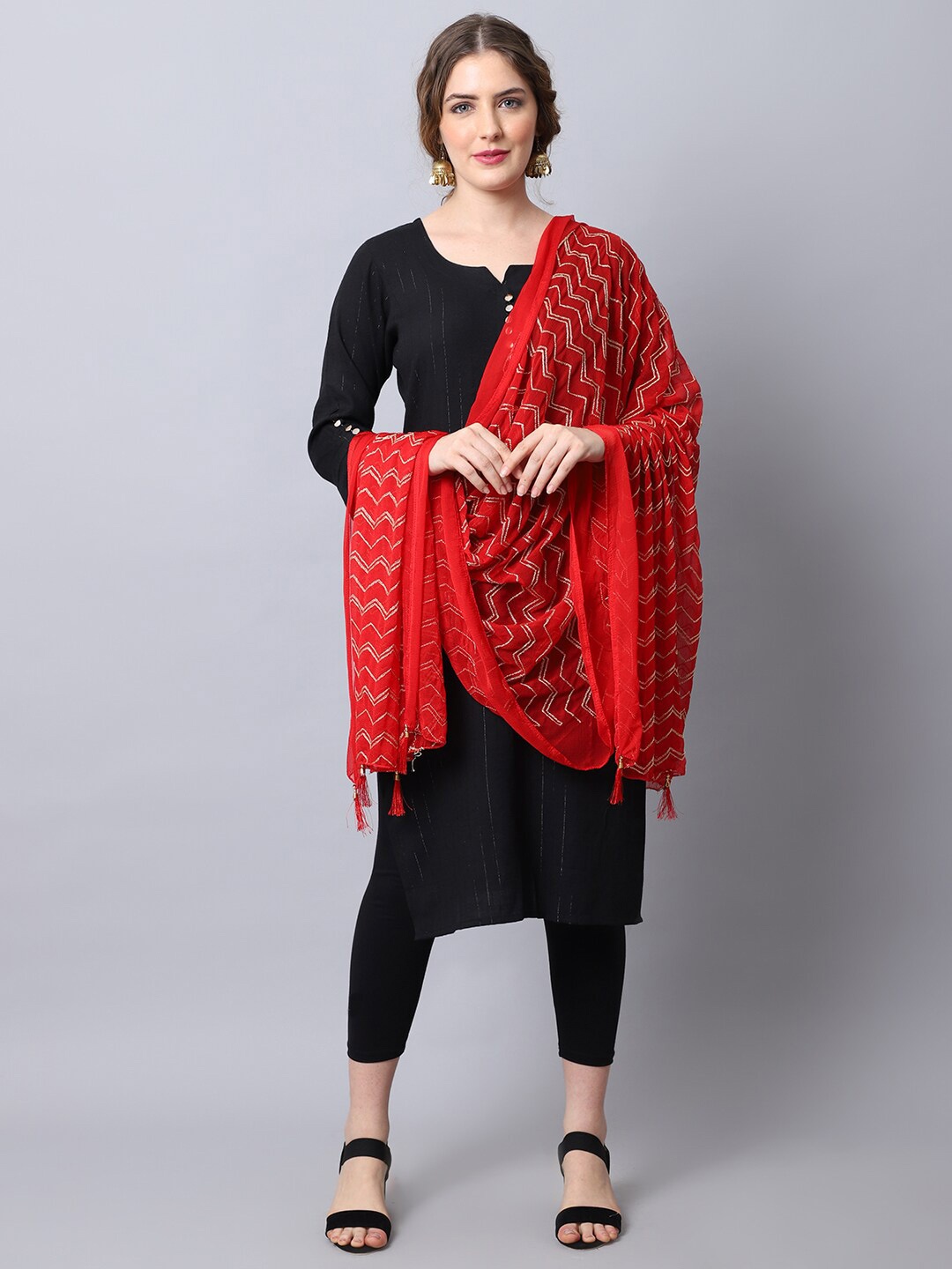 

GLAM STORY Geometric Printed With Taping Border Dupatta, Red