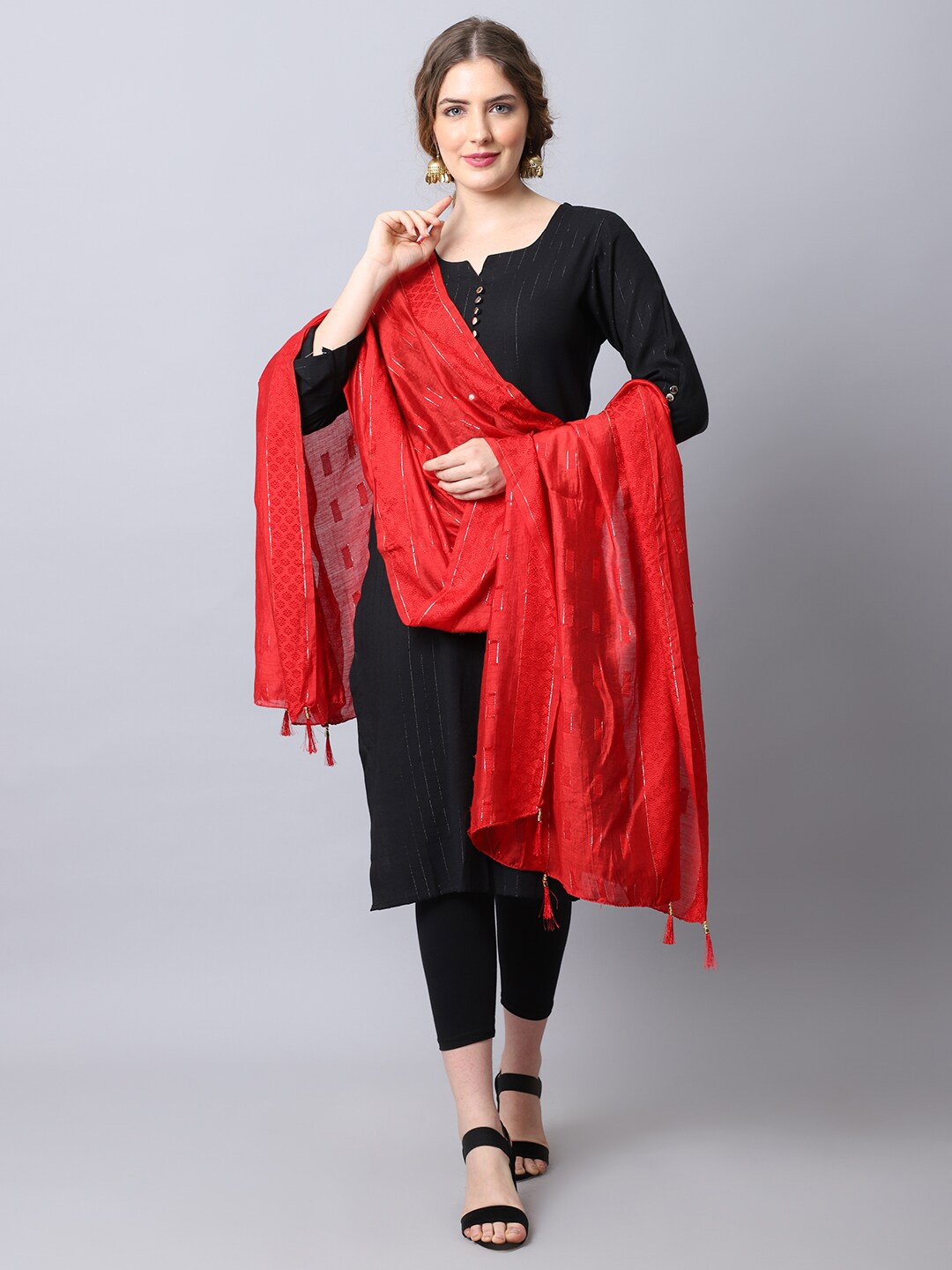 

GLAM STORY Striped Printed Tasselled Border Art Silk Dupatta, Red