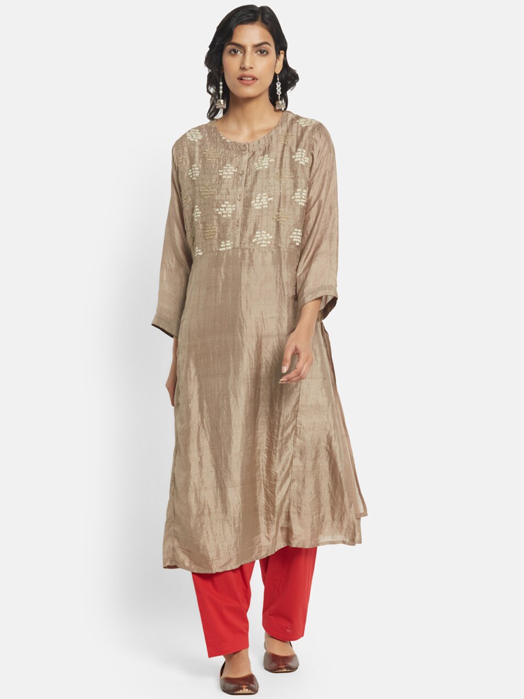

Fabindia Women Geometric Embroidered Thread Work Silk Kurta, Taupe