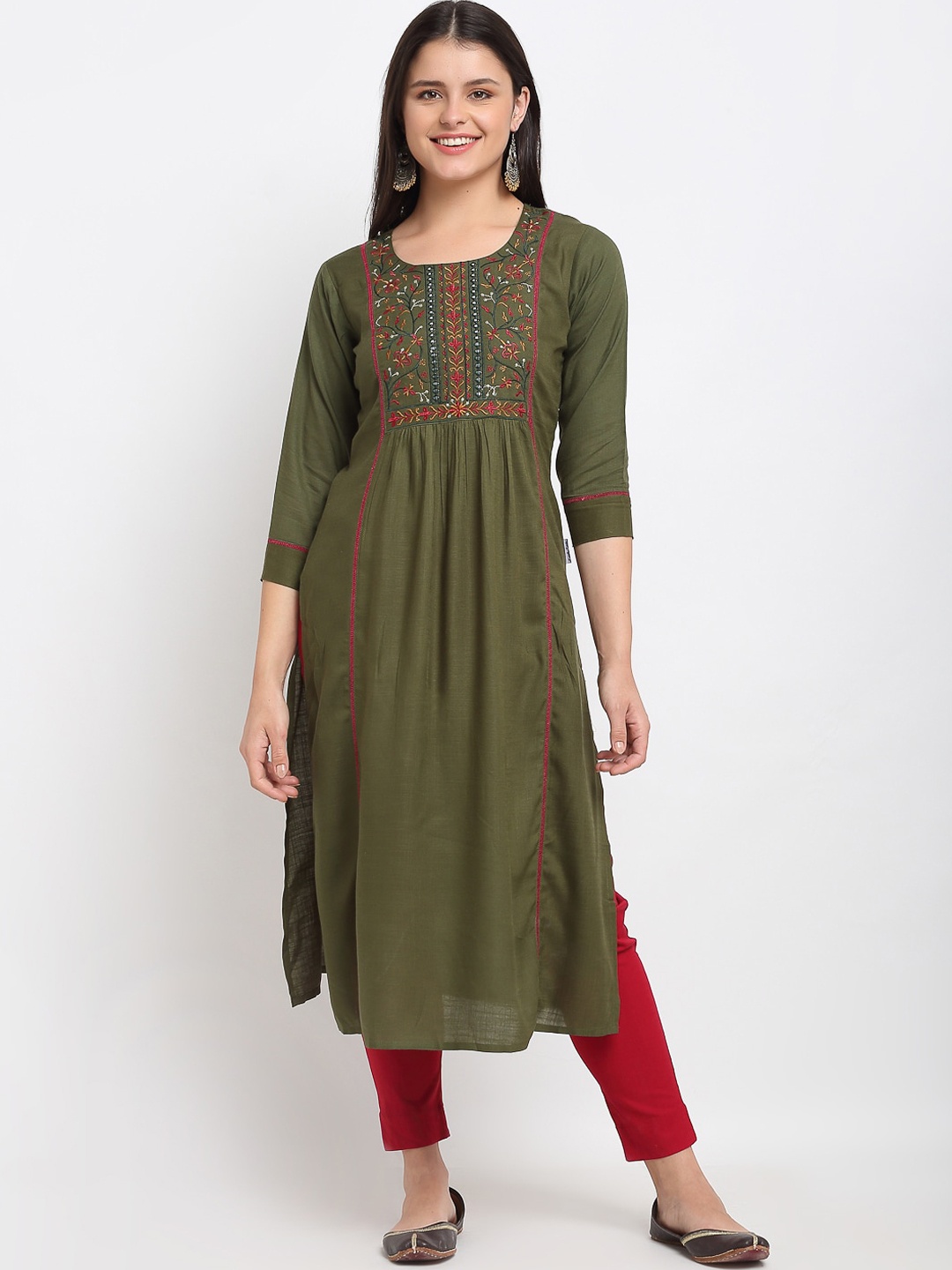 

Lovely Lady Women Floral Yoke Design Kurta, Olive