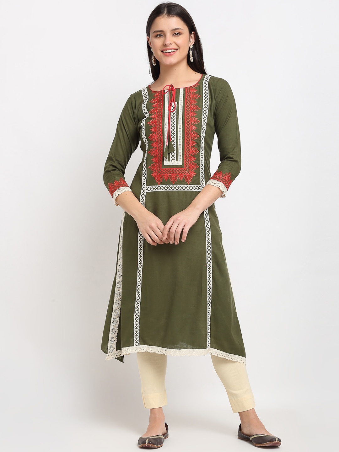 

Lovely Lady Women Ethnic Motifs Printed Thread Work Kurta, Olive
