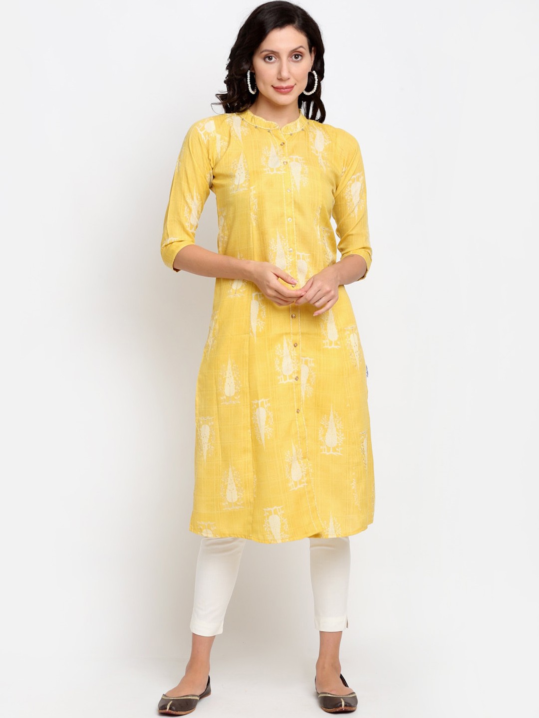 

Lovely Lady Women Ethnic Motifs Printed Thread Work A-line Kurta, Yellow