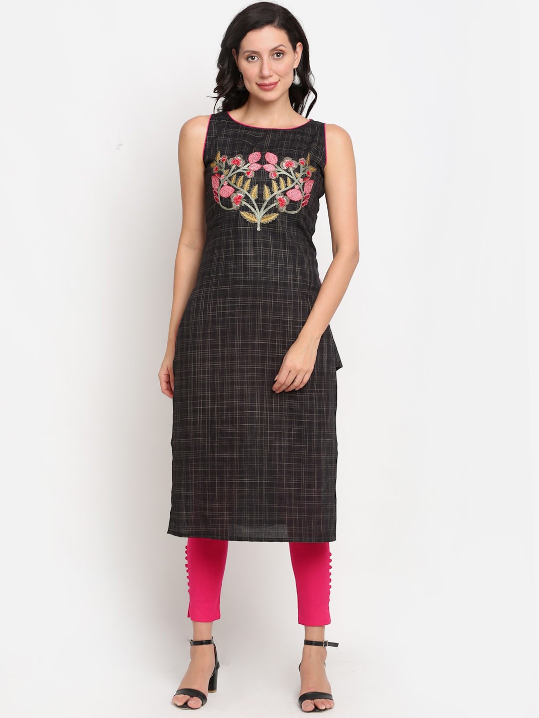 

Lovely Lady Women Checked Thread Work Floral Kurta, Black
