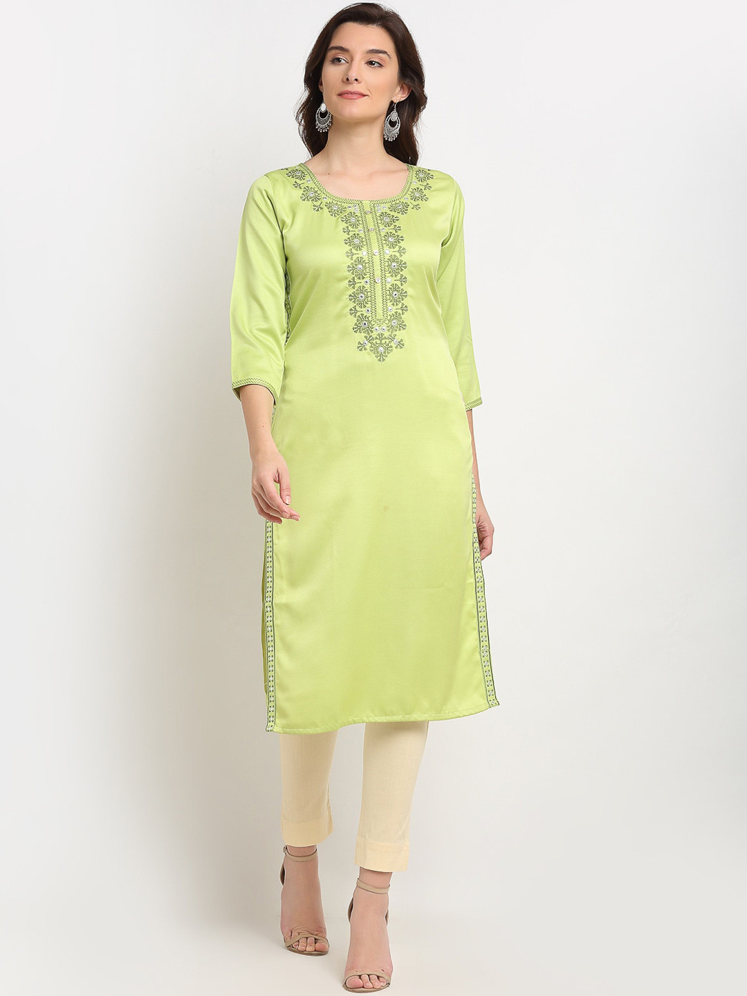 

Lovely Lady Women Lime Green Yoke Design Thread Work Kurta
